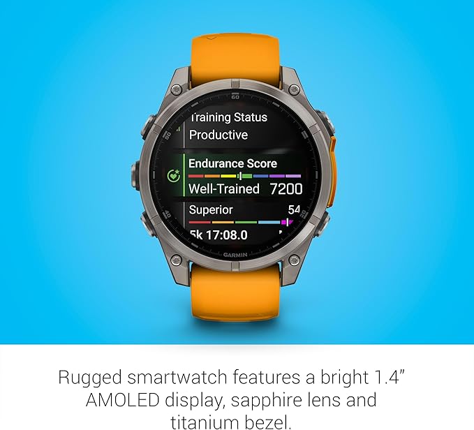 Garmin Fenix 8 Premium Multisport GPS Running Smartwatch, 47 mm | AMOLED, Dive-Rated, Built-in Flashlight | Titanium with Spark Orange/Graphite Band with Signature Series Charging Stand