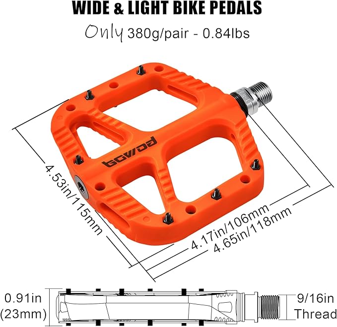MTB Pedals Flat Mountain Bike Pedals Adult, Light and Wide Nylon Composite Bicycle Platform Pedal w Grippy Pins, 9/16" Cr-Mo Spindle 2 Bearings, Clipless Pedals for BMX Gravel Road E.Bike 9/16"