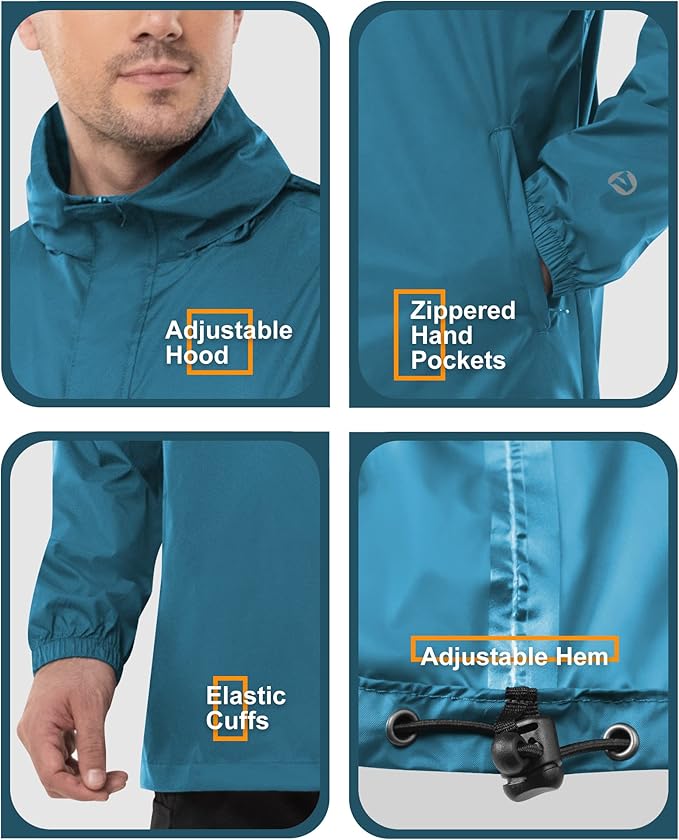 Outdoor Ventures Men's Rain Jacket Waterproof Lightweight Packable Rain Pullover for Hiking Golf Running