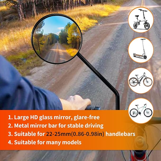 Bike Mirrors for Handlebar Mount, Bicycle Rear View Mirror, HD Glass Bike Rear View Mirrors, Universal Bicycle Mirrors for E-bike, Mountain Bike, City Bikes & Scooter (Left 0.87-0.98")