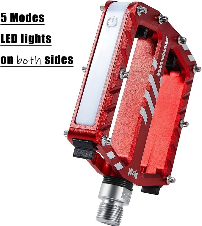 Bicycle Pedals with LED lights 5 Modes, Tap On-Off, USB Rechargeable, Waterproof, Flat CNC Aluminum Road Bike Pedals w 9/16" Cr-Mo Steel Axel w Pin, for Ebike, Commuter, Hybrid, City, Beach Bike