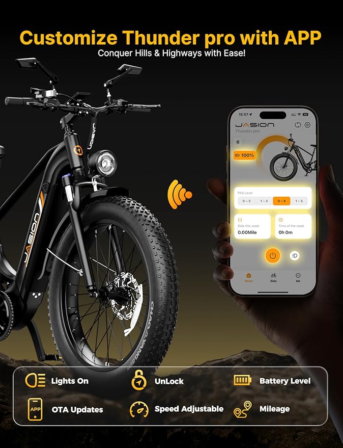 Jasion Thunder/PRO/ST Electric Bike,2000W/1800W Peak Ebikes for Adults,26''Fat Tire Best Ebike for Men,90/80 Miles with 1040Wh/864Wh Battery,35/30+MPH Max Speed Bicycles,500/400LB Capacity