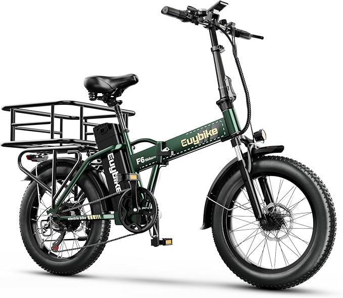 Foldable Electric Bike for Adults, 30+MPH, 48V 20Ah Removable Battery up to 80Miles, 20" Fat Tire 1000W Dirt Ebike Adult Electric Bicycle for Commute Mountain Square Tube E Bike Green with Rear Basket