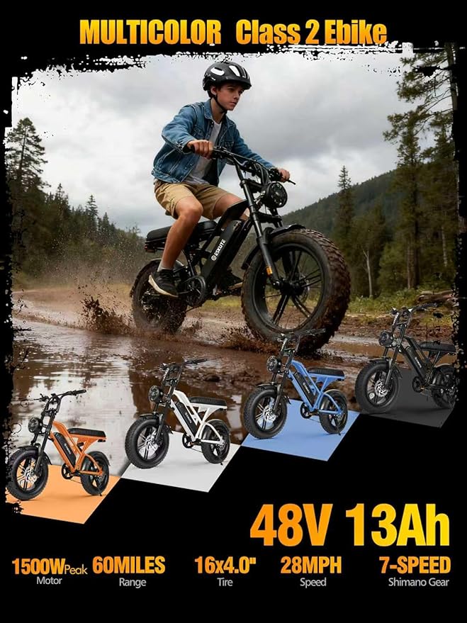 ESKUTE V100 Electric Bike for Adults, Electric Dirt Bike 1500W Peak Motor, All Terrain Dual Suspension E Bike 28MPH Top Speed, Ebike Up to 60 Miles Range, 16" Fat Tire, 48V13Ah Battery, 7-Speed