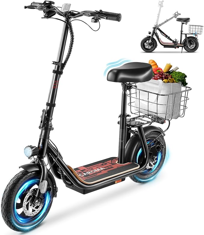 Caroma Peak 1200W/800W Electric Scooter with Seat, 30 Miles Max Range, Electric Scooter Adults, Up to 20MPH Foldable Escooter with Basket,Key Start Adjustable E-Scooter