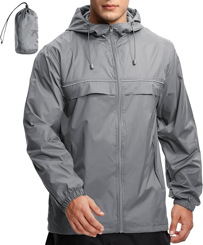 GEEK LIGHTING Rain Jacket Men Lightweight Waterproof Jackets Packable Windbreaker Hooded Raincoat for Golf Cycling Outdoor