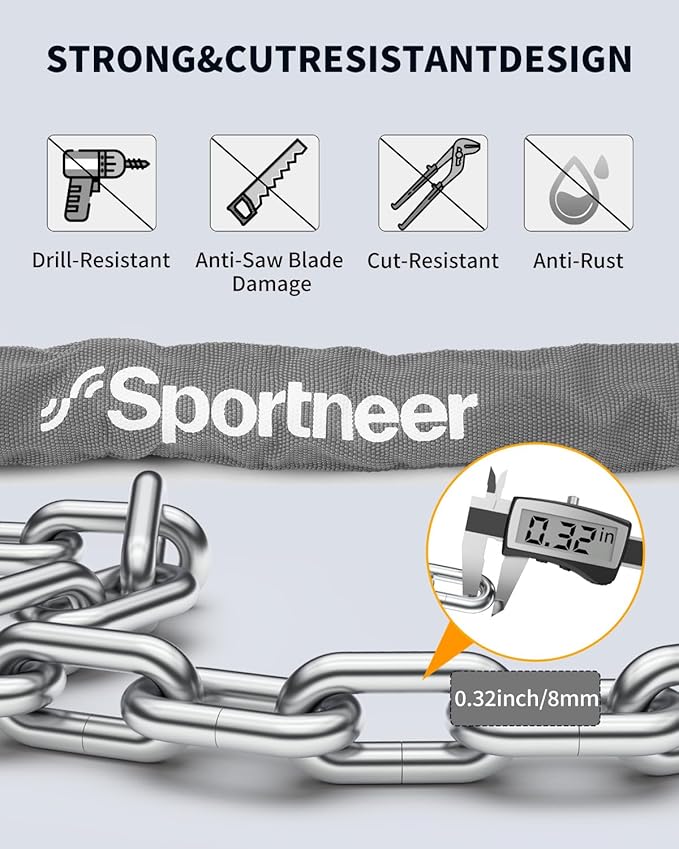 Sportneer Bike Lock - 8mm Thick High Security Anti Theft Bike Chain Lock with 2 Keys- 3.2ft Long Heavy Duty Anti-Cut Bicycle Lock for Bike, Motorcycle, Bicycle, Door, Gate, Fence, Grill - Grey