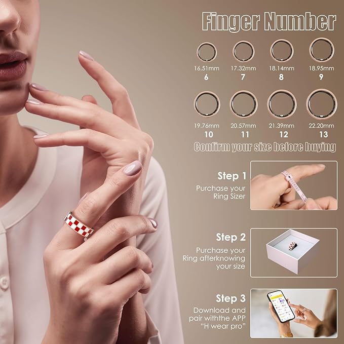 Smart Ring Blood Pressure Monitoring 5ATM Waterproof Activity Tracker Stress/Temperature Sensor Sleep Coach & Women’s Health Titanium Unisex Sport Ring Compatible with iOS/Android Red 10
