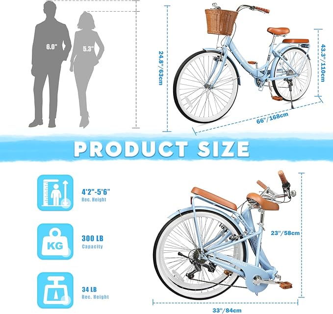 26Inch Foldable Women Bike, Womens Folding Bike with Basket, 7 Speed Beach Cruiser Fodable Bike for Women with Cushion, V-Brakes, Quick Install for Adults, Womens (Blue)