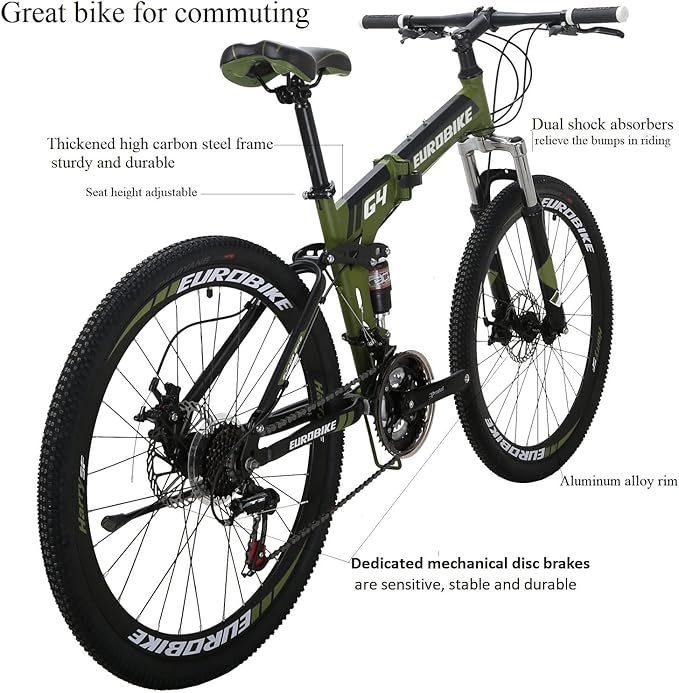 EUROBIKE Adult Folding Mountain Bike HY G4/G6 Foldable Bicycle for Women 26 Inch Wheels 21 Speed Mens Folding Bike Dual Suspension MTB Bicycle
