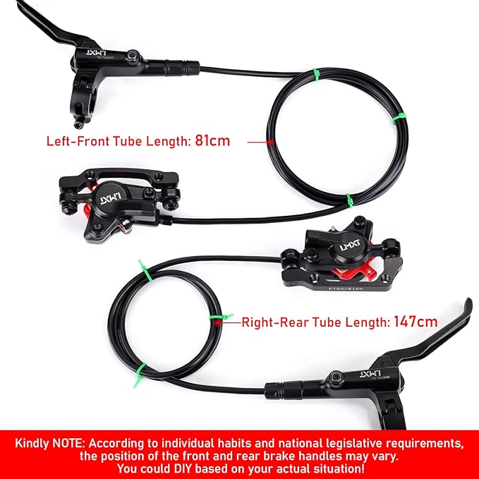 TOBWOLF 1 Pair MTB Disc Brake Set, Hydraulic Disc Brake Kit with 160mm Rotors, Left Front 81cm & Right Rear 147cm, Aluminum Oil Pressure Calipers Levers for Mountain Bike E-Bike Fat Bike Road Bike