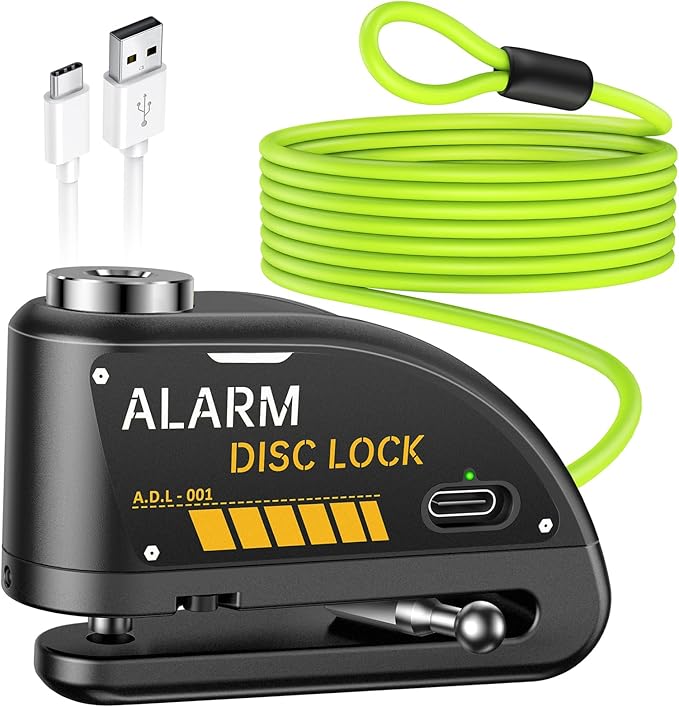 ONVIAN Rechargeable Motorcycle Lock with 120db Alarm and 6FT Steel Reminder Cable, for 7mm Pin Motorcycles Bicycles Ebike Scooter Moped (Black)