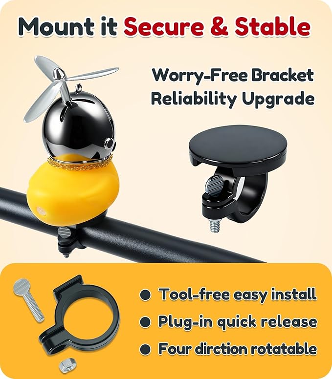 Rubber Duck Bike Decorations [New Stable Clamp Mount] Cute Squeak Duck Bike Bell [Two Helmet Propeller] Funny Bike Accessories E Scooter Motorcycle Cycling Gifts