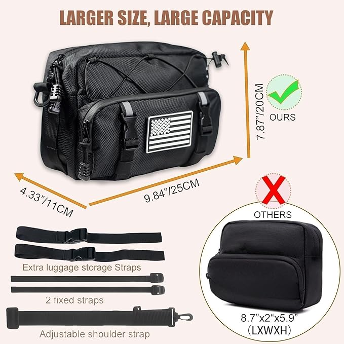 Universal Black Motorcycle Handlebar Bag - Water-resistant American Flag 1680D Tool Bag for Motorbike, Cruiser, Softail, Dyna, Sportsters, Dirt Bike, ATV