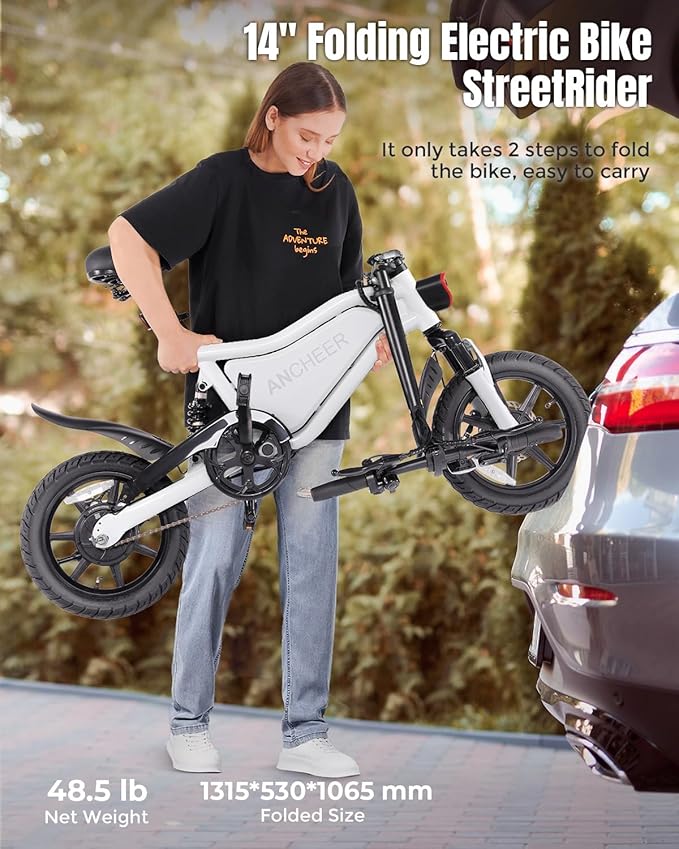 ANCHEER 14" Folding Electric Bike for Teens, 500W Max Motor, 22MPH City Ebike, Triple Shock Absorber, 48V 374Wh Battery, Brake Taillight, Cruise Control, Electric Bicycle for Adults, UL2849 Compliant