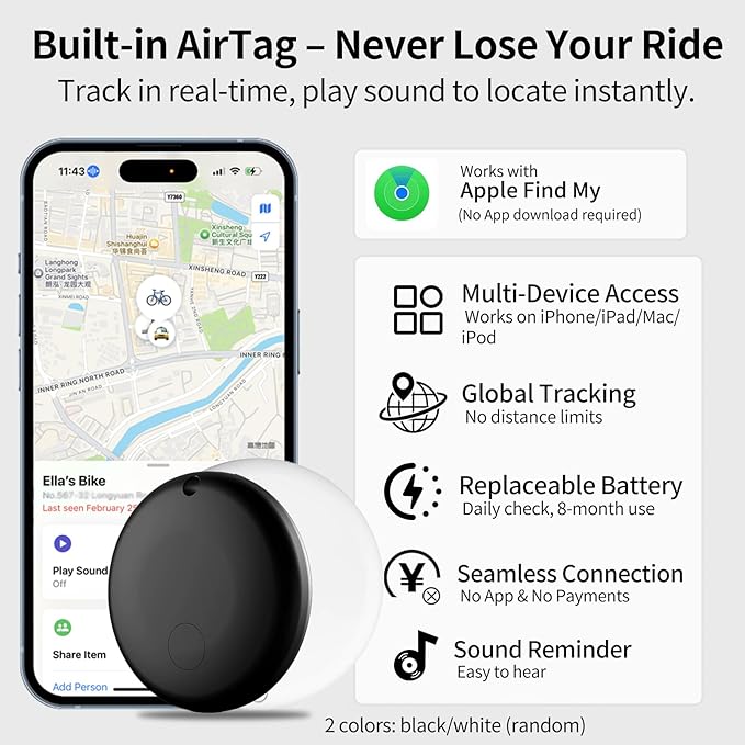 NUNET Brake Light Bike Locator GPS AirTag Anti-Theft 3-in-1 Smart Tail Light with Tracker, 105dB Alarm, Hidden AirTag Slot, Auto Brake Alert, IP65 Waterproof, Long Battery Life