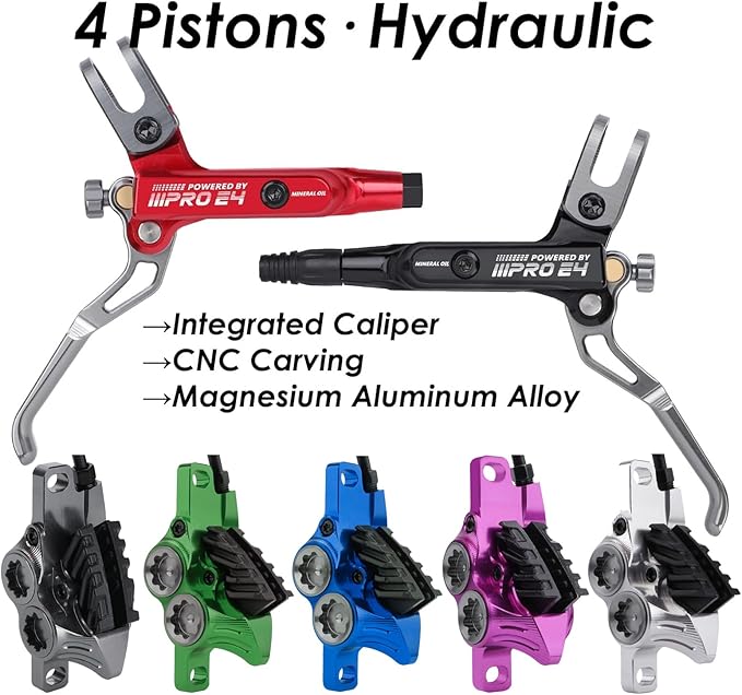 MEROCA IIIPRO E4 Hydraulic Disc Brake Set - 4-Piston MTB Brakes, 641N Braking Force, TUV Certified, Lightweight 475g, for Mountain/E-Bike/Folding Bicycles