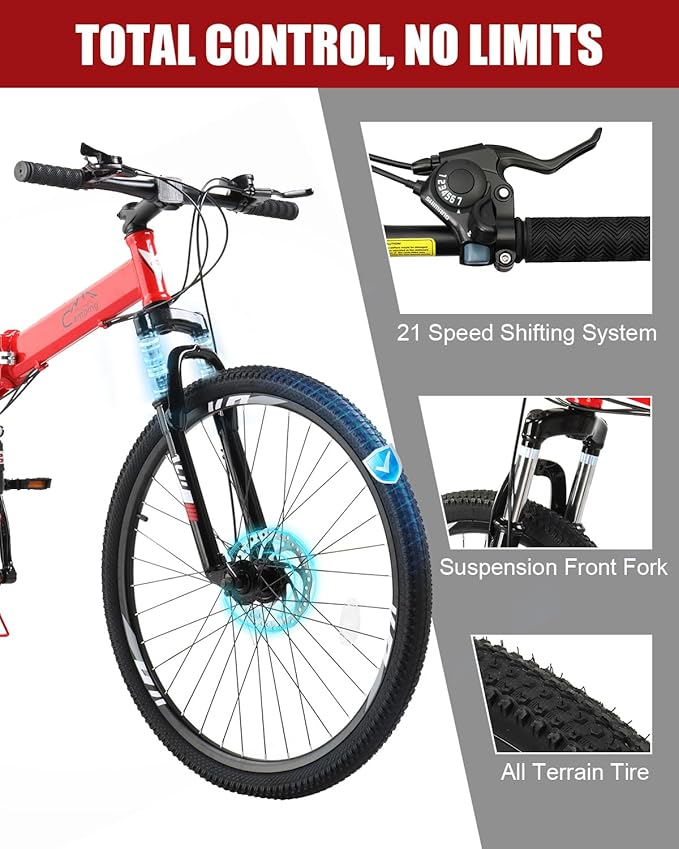 26/27.5 Inch Foldable Bike Folding Bike with 21 Speed, One Touch Folding, Dual Disc Type Brakes, Adjustable Seat, Full Suspension, Folding Bicycle for Men/Women/Senior
