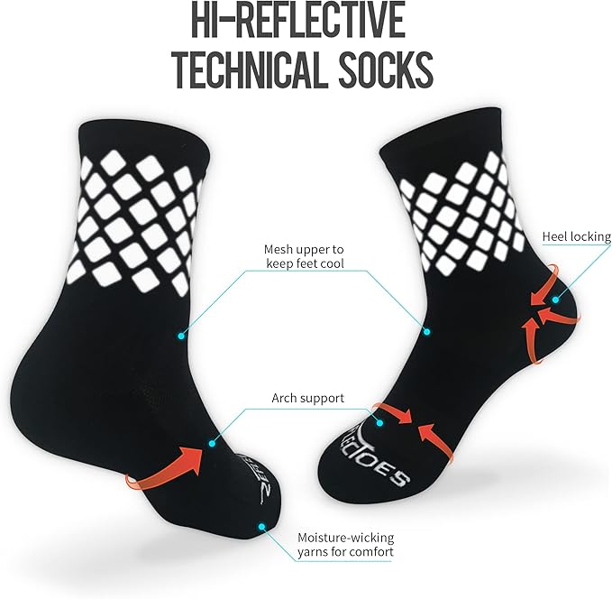 ReflecToes Reflective Socks for cycling and running - 330 Candle Power High Visibility Night Safety Gear - Biomotion Support