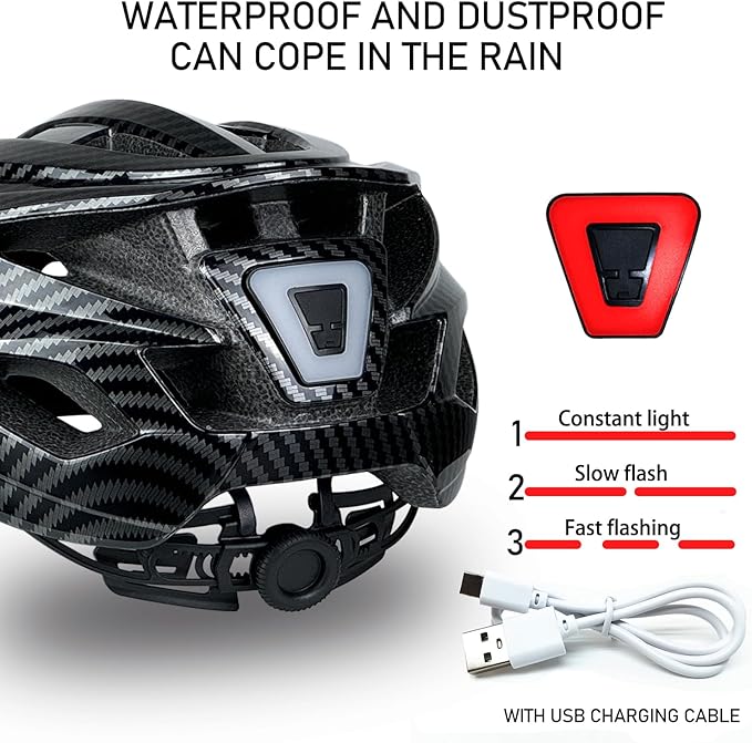 Bike Helmet for Adult Men Women with Multi-Mode Rear LED Light, with Suggested Fit 56-62cm, Lightweight with Adjustable Dial, Side and Chin Strap, Carbon Black Shiny Surface