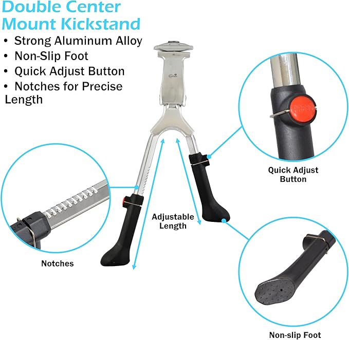 Lumintrail Center Mount Bike Double Leg Kickstand - Adjustable Height Kick Stands for 24, 26, 27.5, 29 Inch Adult Bicycles - Perfect for Cruiser, Road and Hybrids
