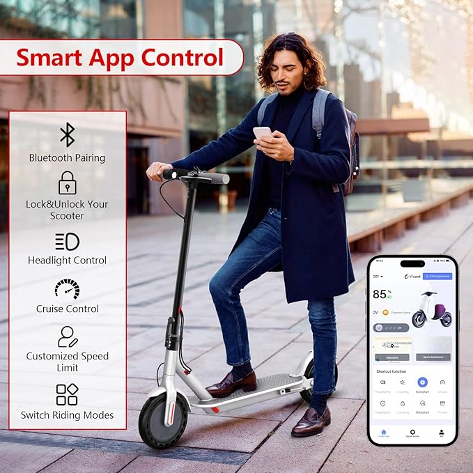 Electric Scooter for Adults - 19/22MPH & 15/22Mile Range, 8.5"/10" Solid Tires Folding Commuter E-Scooter with Dual Suspension, App Control & Dual Brake System, with Seat