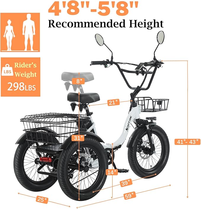 Electric Tricycle for Adults,Fat Tire Folding Electric Trike,3 Wheels Electric Bicycle Bikes, Peak 700W Step-Thru Etrike with 468WH Removable Battery and Large Basket for Women Men