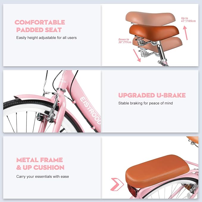 26 Inch Folding Beach Cruiser Bike for Women, 7-Speed Ladies Bike with Basket & Rack, Perfect for City Commuting's Bicycle, Ideal for Women and Adults