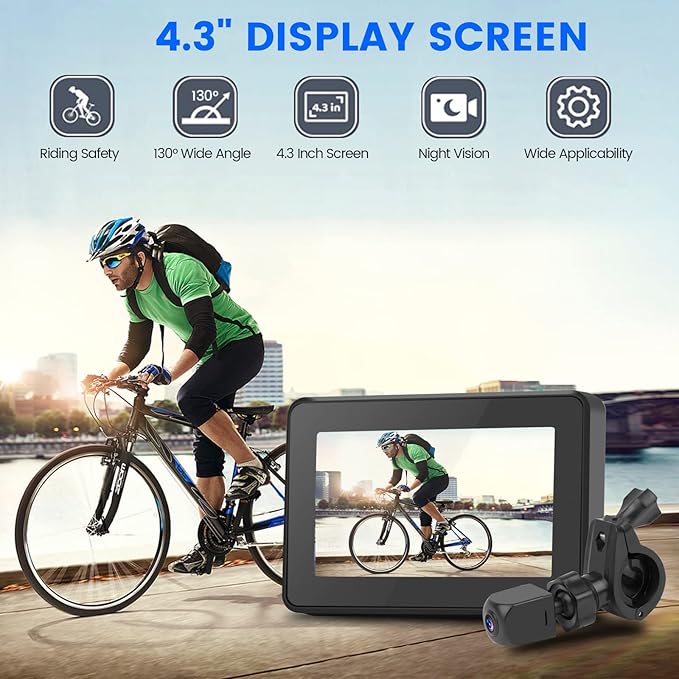 blueear Bike Bicycle Mirror,1080P Bicycle Rear View camera with 4.3" Screen,130° Wide Angle Color Night Vision Bikes Camera 360° Adjustable,Bike Accessories For Bicycle, Mountain, Road Bike