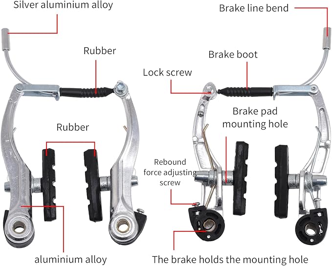 Complete V Bike Brake Set, Front and Rear Bike MTB Brake,Inner and Outer Callipers Cables Lever Kit with Calipers Levers Cables Multi-Tool Wrenches (Silver)