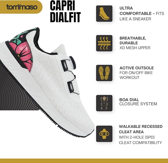 Tommaso Women's Cycling Shoes with Pre-Installed SPD Cleats — Easy to Walk-in Ventilated SPD Cycling Shoes for Women's Spin Classes and Indoor Bikes — Comfortable on Foot and Toebox.