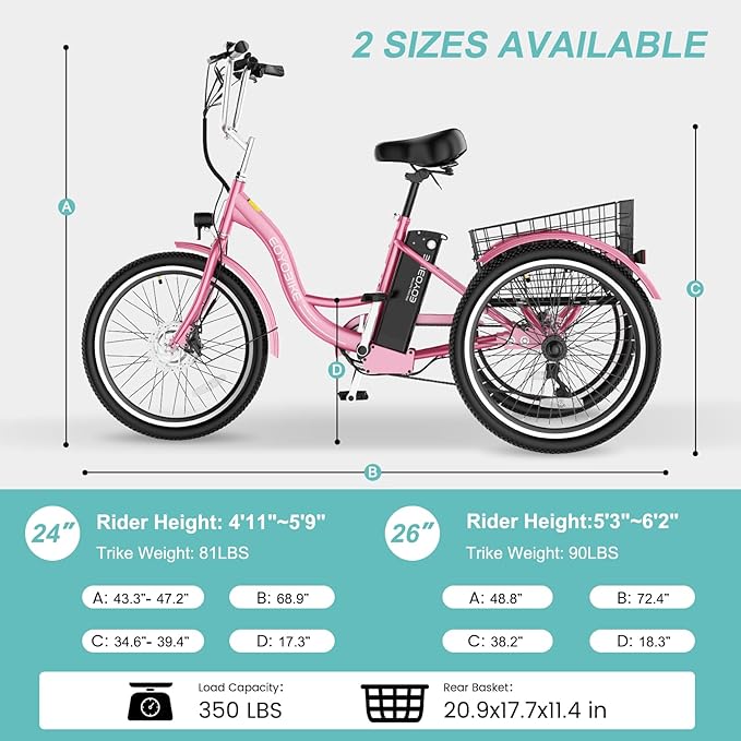 Electric Tricycle for Adults Seniors, 24/26 Inch 3 Wheel E-Trike, 350W Motor (700W Peak), Removable 36V Battery, Up to 15.5MPH, 25-60Mile Range, Low Step-Through, Rear Basket, 350lbs Capacity, 7 Speed