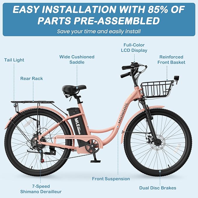 LILYPELLE Electric Bike for Adults, 700W Peak Power Commuter Ebike with 36V 10.4Ah Removable Battery, 7-Speed 24'' 26'' Tires City Cruiser Ebike E-Bicycle