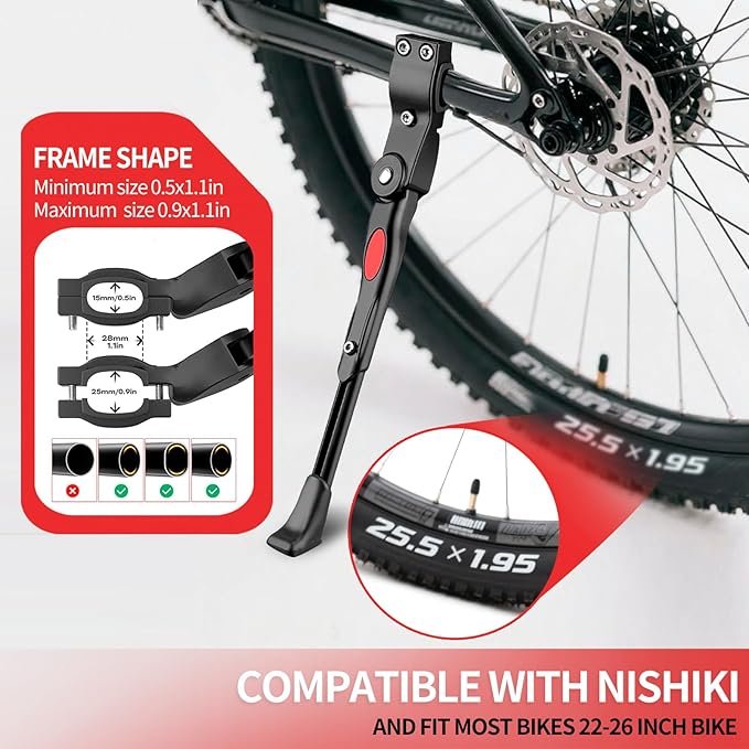 Adjustable Bike Kickstand Compatible with Nishiki, Bicycle Side Kickstand, Aluminum Alloy Bike Kick Stand, Easy to Install, for 22 24 26 Inch Mountain Bikes, MTB and Road Bikes Accessories, Black