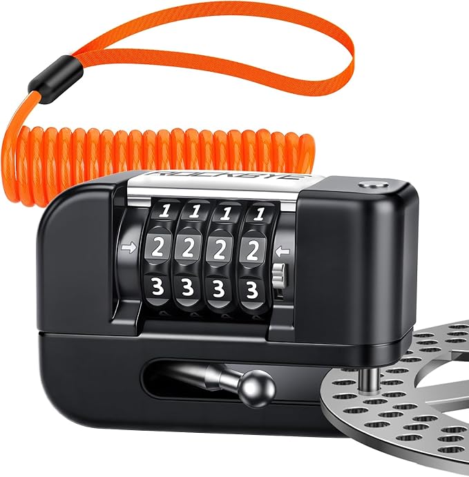 Onvian Motorcycle Locks Anti Theft, 4-Digit Code Motorcycle Disc Brake Lock High Security 7mm Pin & 5FT Reminder Cable, Waterproof Portable Motorcycle Helmet Lock