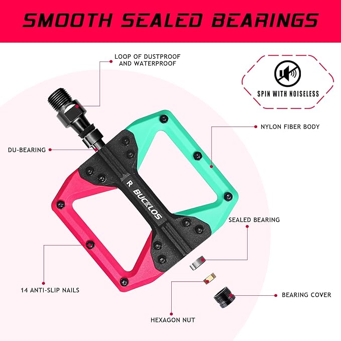 BUCKLOS MTB Flat Pedals Mountain Bike Pedals, 3 Bearings CNC Adult Road Bike Pedals, Bicycle Platform Aluminum Alloy Non-Slip Pedal for Gravel Bike/BMX 9/16"(Black)