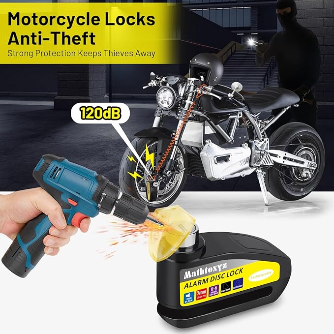 Motorcycle Lock Rechargeable, 120dB Alarm Disc Brake Locks Anti-Theft Security Wheel Disc Lock Waterproof with 5ft Reminder Cable and Carry Pouch for Motorbike Bike Scooter