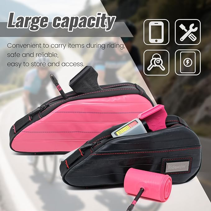 RideRow Compact Bike Top Tube Bag – Waterproof Bicycle Frame Pouch, Fits Up to 6.1" Phone, Narrow No-Rub Design, Secure 3-Point Mount, Cycling Storage for Mountain & Road Bike (Black)