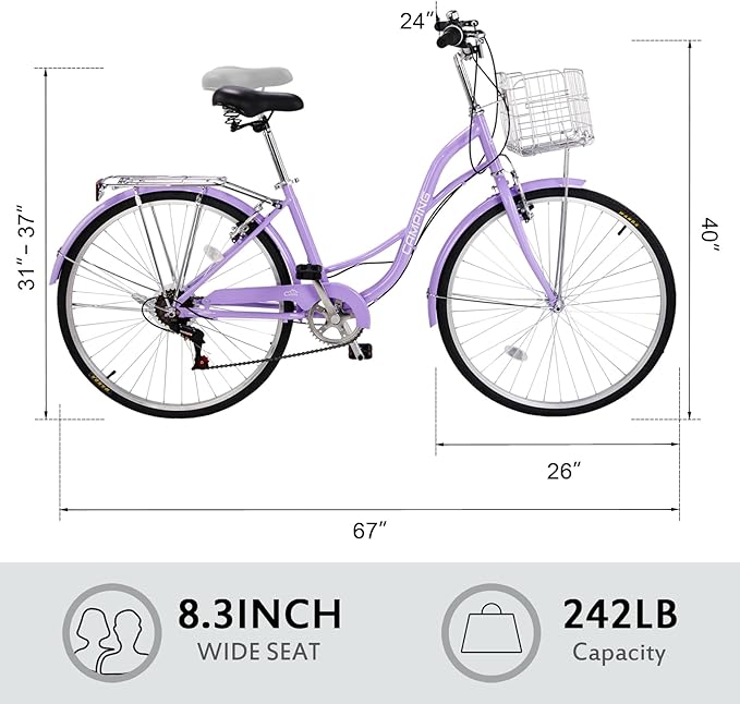 Ktaxon Women Bike 24/26 Inch Bicycles for Women, Beach Cruiser Bike with Premium Derailleur & Shift Lever, Adjustable Seat, High-Carbon Steel Frame and Excellent Welding Technology | Premium Derailleur, Shift Lever, Adjustable Seat