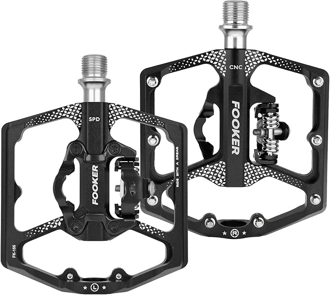 FOOKER MTB Mountain Bike Pedals, Dual Function Flat and Pedal,3 Sealed Bearing Flat Platform Compatible with Clipless Pedal Aluminum 9/16" Pedals with Cleats for Road Mountain BMX MTB