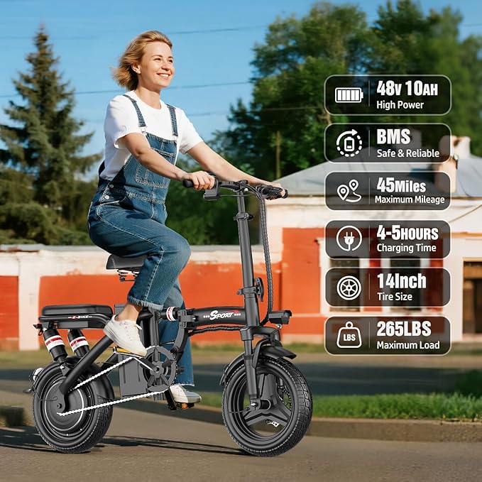 ASKGO Electric Bike for Adults Teens, 800W/1200W Peak Folding Ebike, 22/25MPH, 30-45 Miles Range, E-Bike with Dual Brake & Multi Suspension, 14" Portable Electric Mini Bike for Commuting