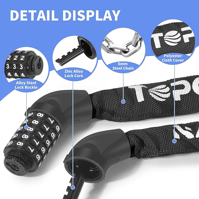 Bike Chain Lock 3.2Ft Long High Security Heavy Duty Anti Theft, 5 Digit Combination Resettable Keyless Bicycle Lock for Bike/Electric Scooter/Ebike/Motorcycle(Black)