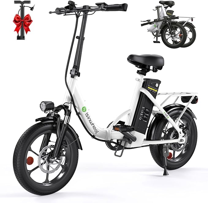 isinwheel U4 16" Folding E Bike for Adults Electric Bike with Suspension, 10.4Ah Battery, 500W Motor, 19mph Top Speed, Step Through Adult Electric Bicycles, Mini Commute Ebike for Adults and Teens