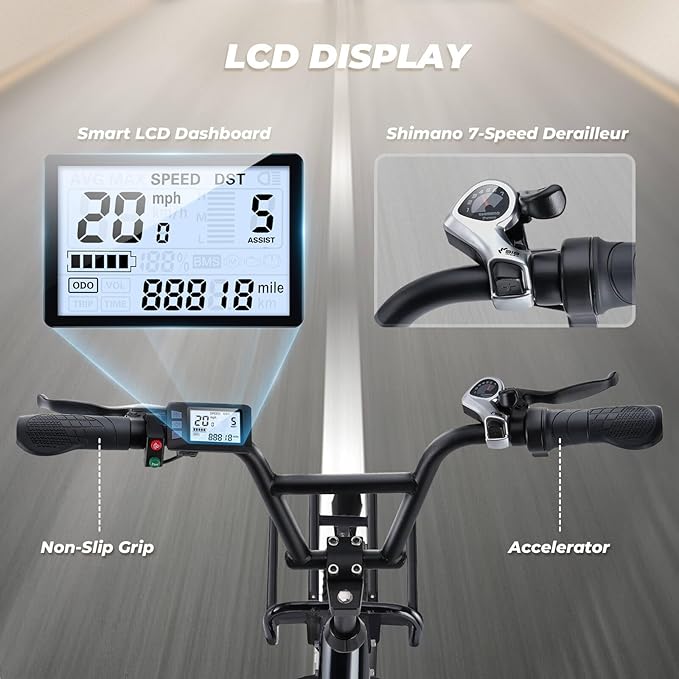 isinwheel U7 E Bike for Adults Electric Bike with Dual Cargo Rack, 48V 1000W Peak Ebikes for Adults, 7 Speed Gear, 20mph Step Thru Cruiser Electric Bicycles, 20" × 3“ Fat Tire Ebike