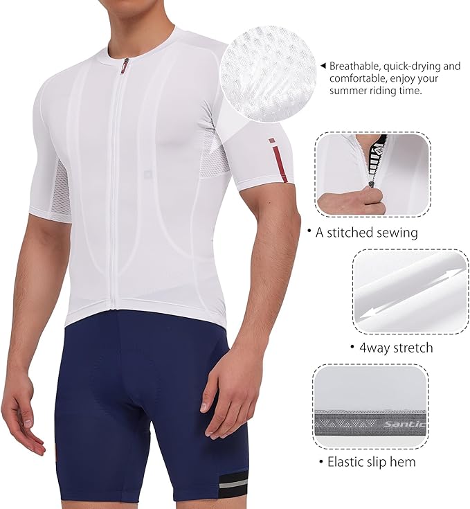 Santic Men's Cycling Jersey Short Sleeve Tops Pro Road Bike Shirt Full Zipper UPF 50+ MTB Jersey with Pockets