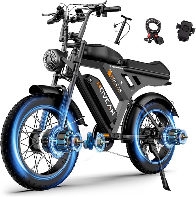 MOVCAN V30 Series Electric Bike for Adults, 3000W/1500W/1000W Motor, 20" Fat Tire Ebike, 37.5MPH/32MPH/28MPH, 120/70Miles, 48V 40Ah/31.2/15.6Ah Dual Battery Motorcycle Ebike for Commuting/Off-roading