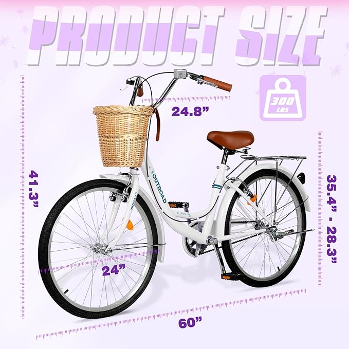 Betterland Beach Cruiser Bike for Women, 24/26 inch Hybrid Bike with Adjustable Seat, Womens Bike with Front Basket and Dual V-Brake, Step Through Comfort Bicycle for City Commuter