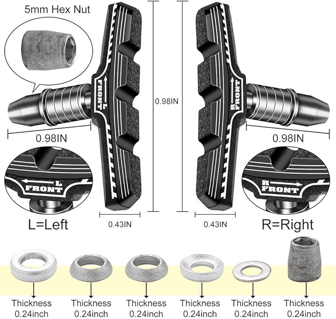 Bike Brakes Pads Set, Brakes Kit, Road Mountain Cycle Bicycle Rubber Universal V-Brake Blocks Shoes with Hex Nut Tools and Shims, No Noise No Skid, 70mm, Fits Most Bikes MTB City Folding Bike Pads