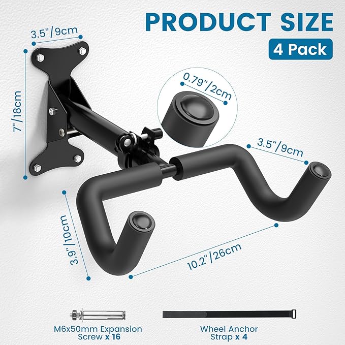 Housolution Bike Wall Mount - [4 Pack] EVA Foam Padded up to 48.5 lbs, Carbon Steel, Valve Mechanism, Heavy-Duty Adjustable Bike Wall Hanger for Road, Mountain and Hybrid Bikes, Garage & Apartment