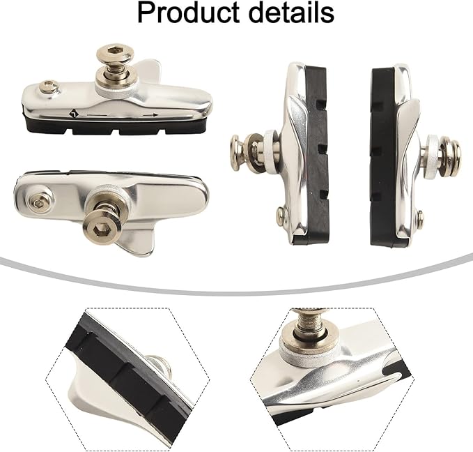 4Pcs Bike Brake Pads, Road Bike Brake Pads Set, Metal Rubber Caliper Brakes Blocks Racing Bicycle Replacement Parts With Alloy Holder, Cycling Components